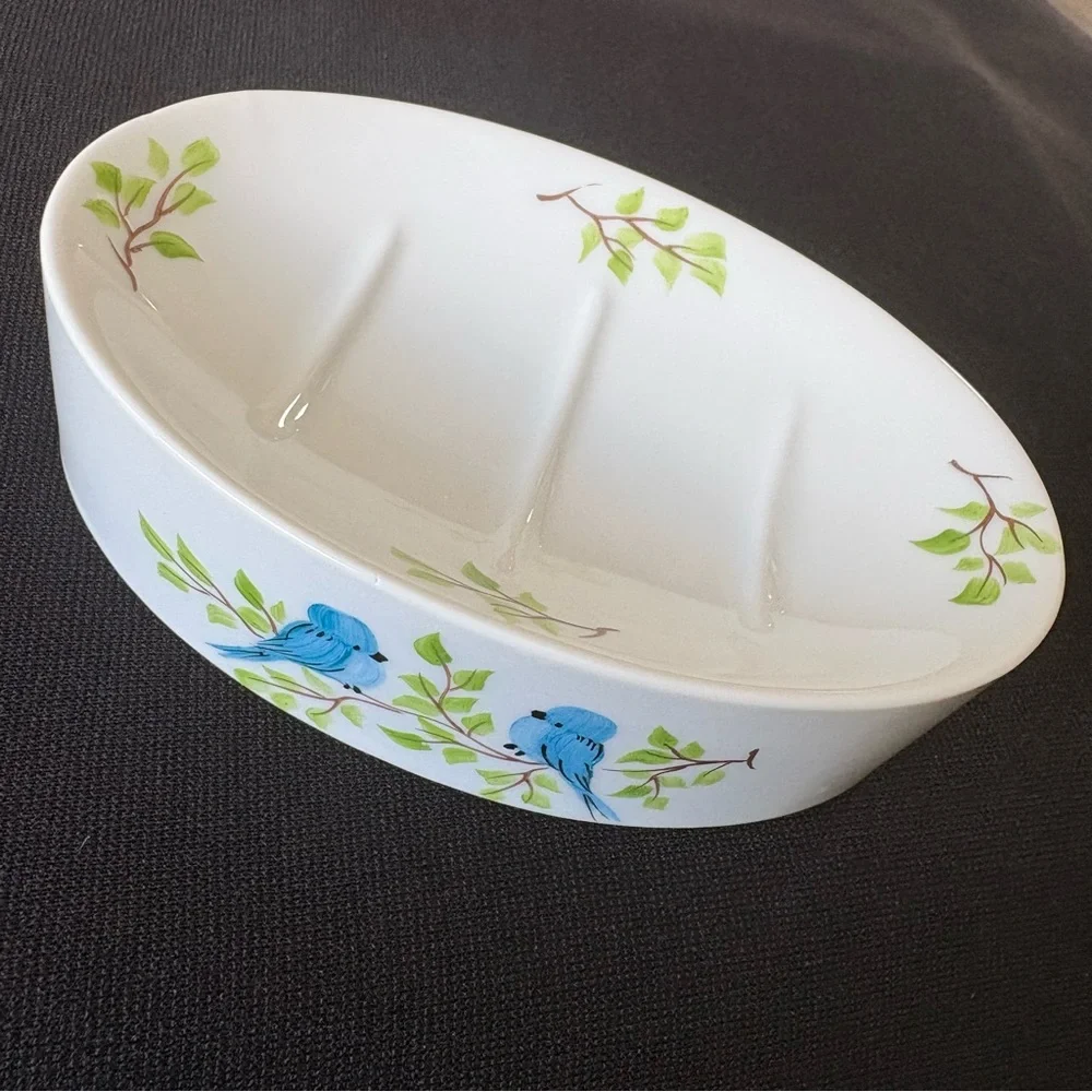 Hand Painted Bluebird Ceramic Soap Dish Nature Cottage Decor